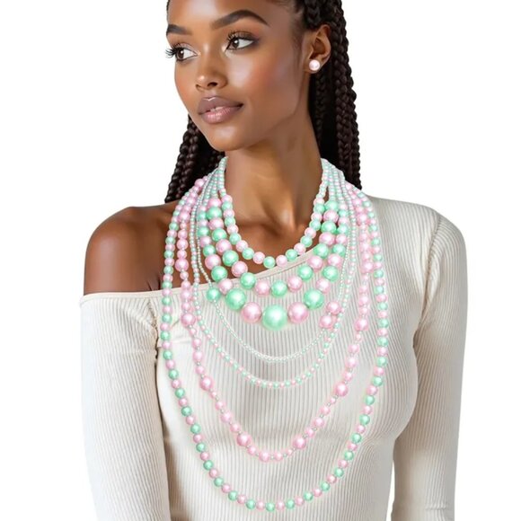 AKA Sorority Pink Green 7 Strand Pearl Necklace Set - Picture 1 of 7